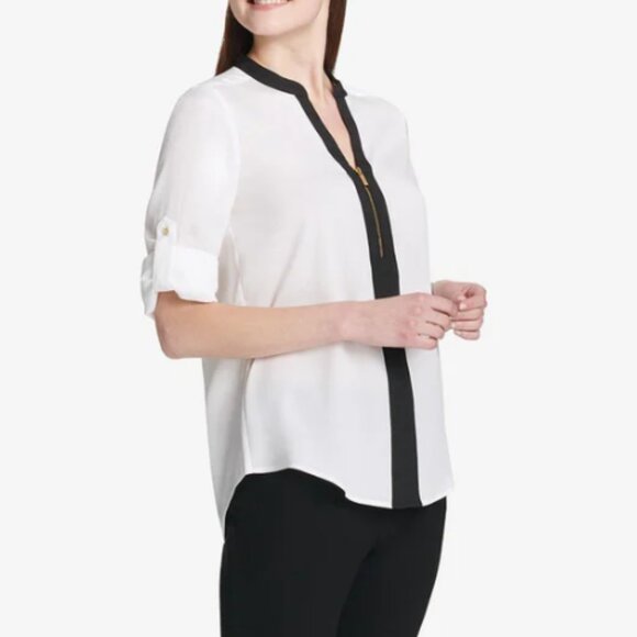Calvin Klein Womens White Black Trim Zip Roll Tab Sleeve Chiffon Career Blouse M - Picture 13 of 14